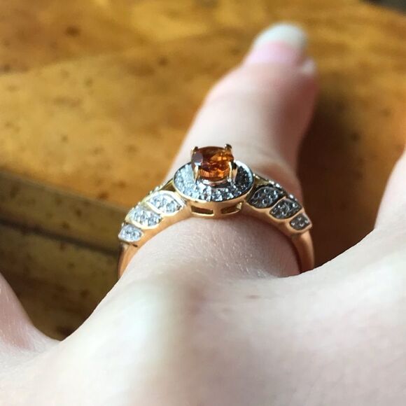 Natural Orange Garnet Sterling Silver 18k Yellow Gold Vermeil Ring Size 7 - Picture 2 of 8